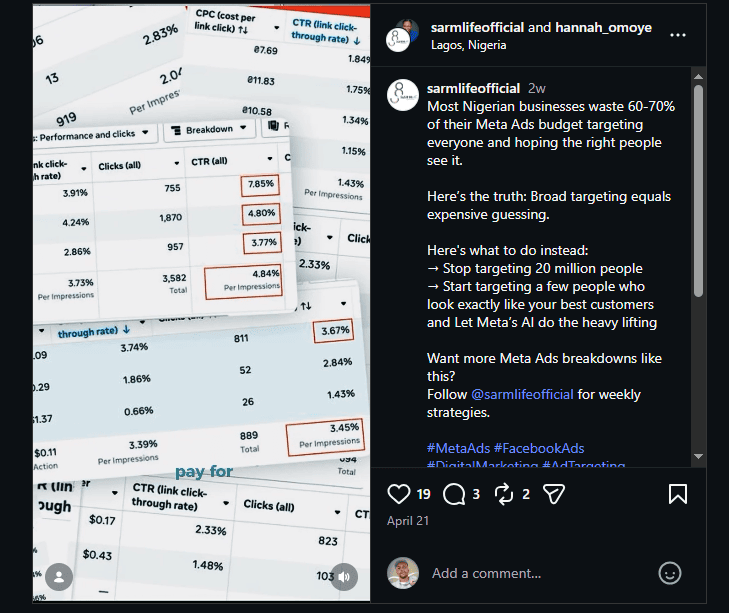 Meta Ads dashboard with CPC 2.83%, CTR 0.69, and post by sarmlifeofficial explaining broad targeting wastes 60-70% of budget.