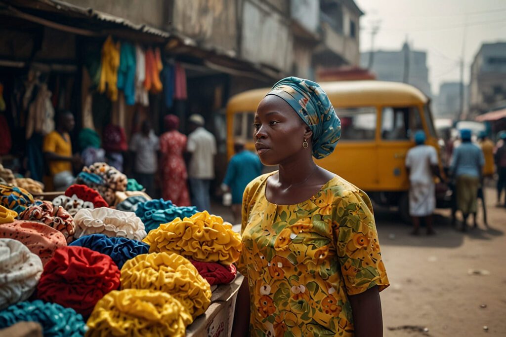 A frustrated Nigerian vendor in a crowded Balogun market stall looking at robotic, non-local comments on her phone.