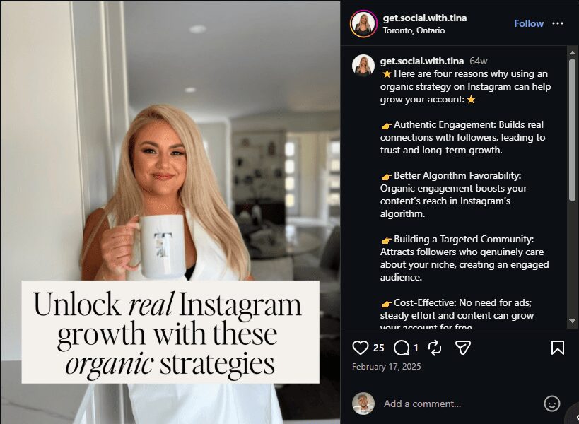 Post by get.social.with.tina listing four organic strategy benefits: authentic engagement, better algorithm favorability, building a targeted community, cost‑effective – with 25 likes, 1 comment.