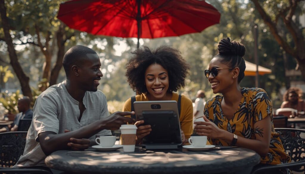 Diverse Nigerians discussing content outdoors