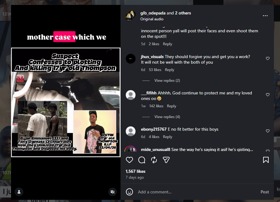 Viral video comment section with police confession audio, showing user reactions including "innocent person yall will post their faces and shoot them" and 1,567 likes.