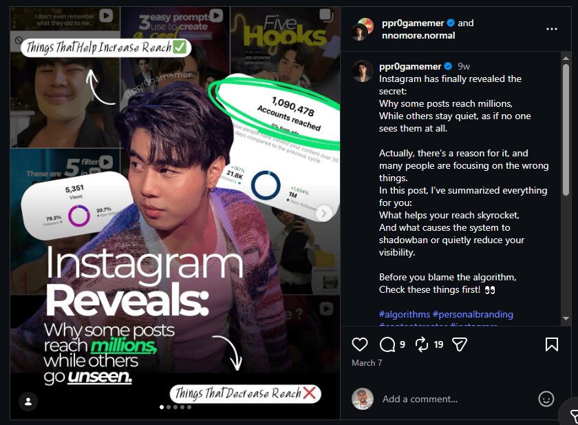 Instagram post header: “Instagram Reveals: Why some posts reach millions, while others go unnoticed” showing metrics 5,351 views, 79.3% followers, 20.7% following, and a user summary about algorithm factors and shadowban prevention.