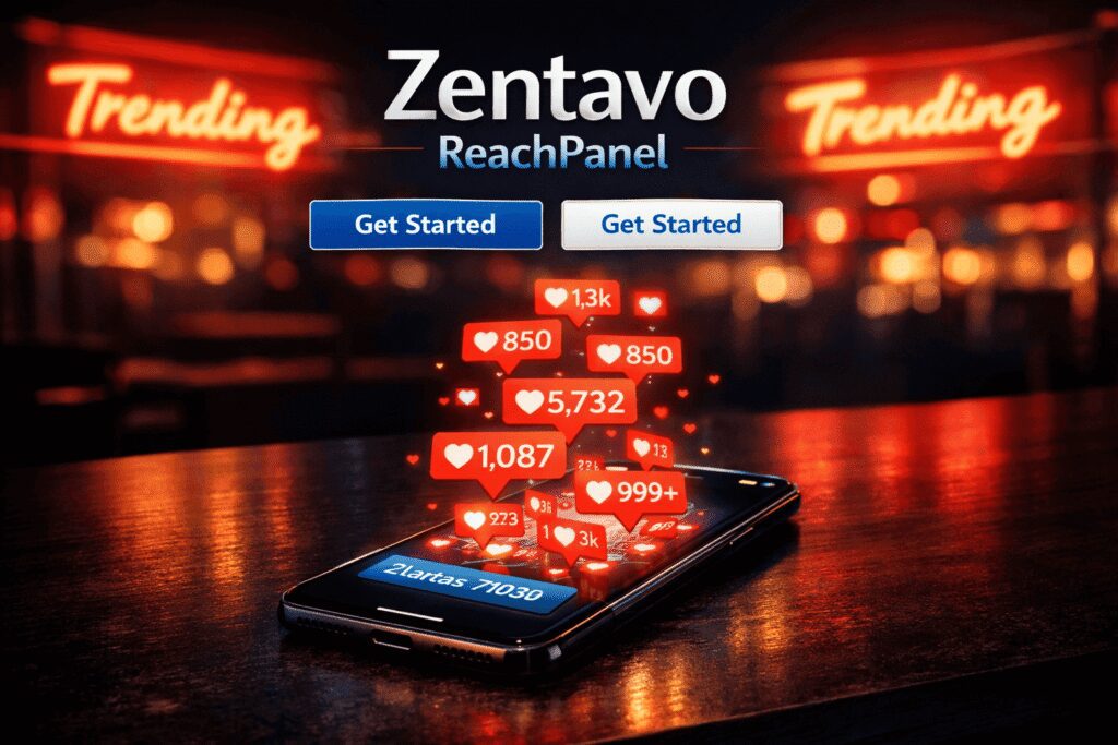 Zentavo ReachPanel homepage with “Trending” tags, metrics showing 1.3k, 850, 850, 5,732, 1,087, and engagement numbers like 999+, 3h, 273, 3k, and garbled text “2lartas71030”.