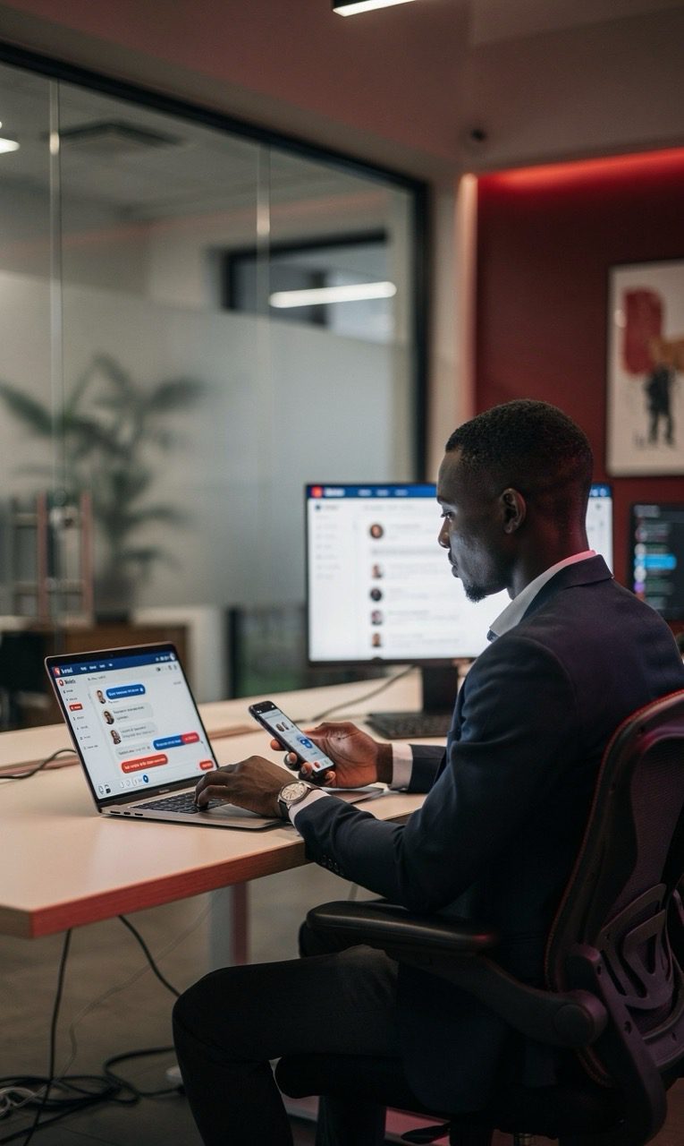 Visual showing a Nigerian user submitting a detailed support request through an online help desk or support portal system.
