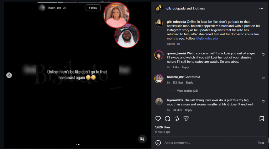 A post about "Online Inlaws" advising against returning to a narcissist, referencing a domestic abuse case, with comments in Nigerian Pidgin English.