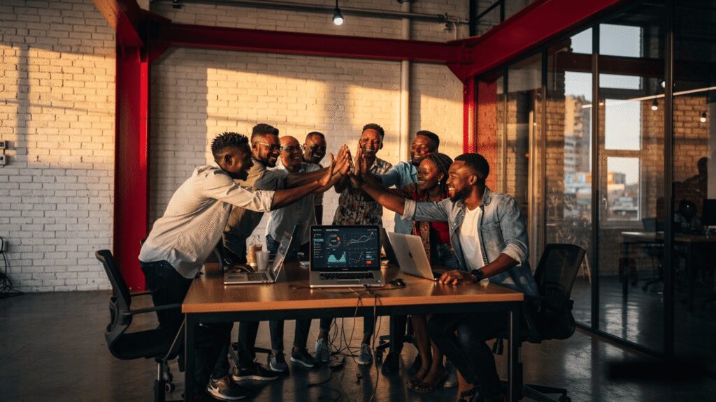 Excited creative team cheering inside a modern tech co-working hub over highly successful organic results