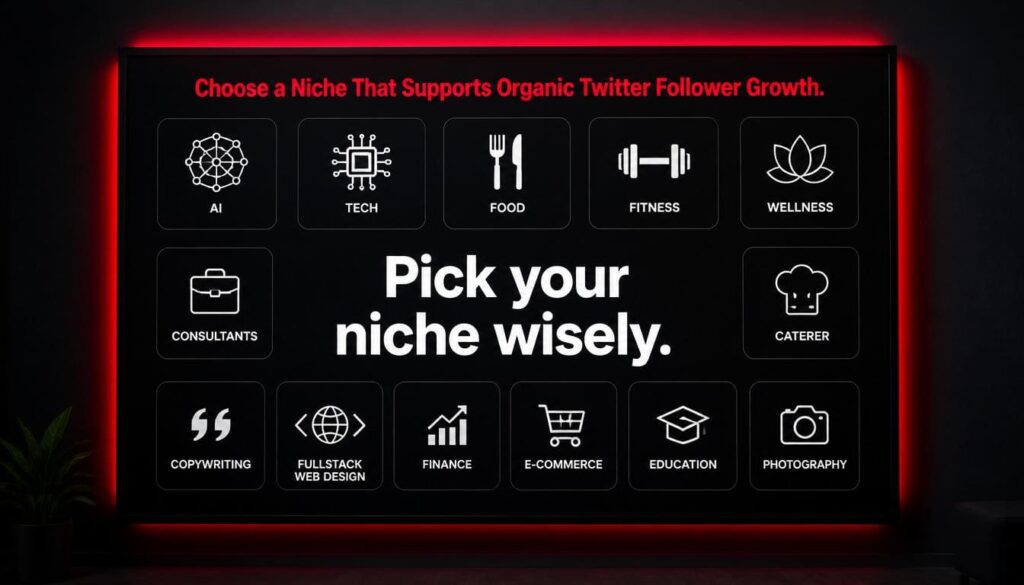 Black board displaying multiple niche icons from AI to web design with text "Pick your niche wisely" for Twitter growth.