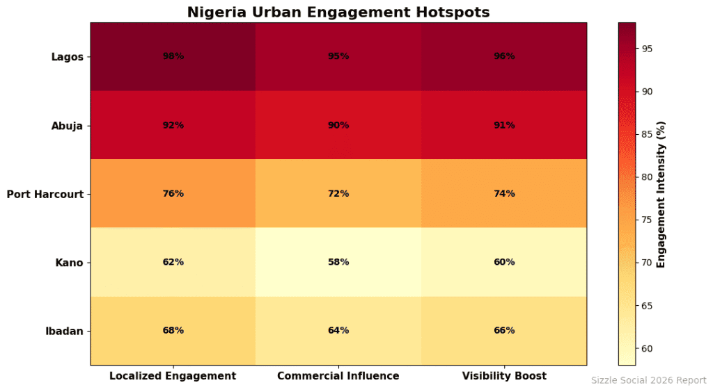 Table of Nigeria Urban Engagement Hotspots: Lagos (98% localized engagement, 95% commercial influence, 96% visibility boost), Abuja (92/90/91), Port Harcourt (76/72/74), Kano (62/58/60), Ibadan (68/64/66).