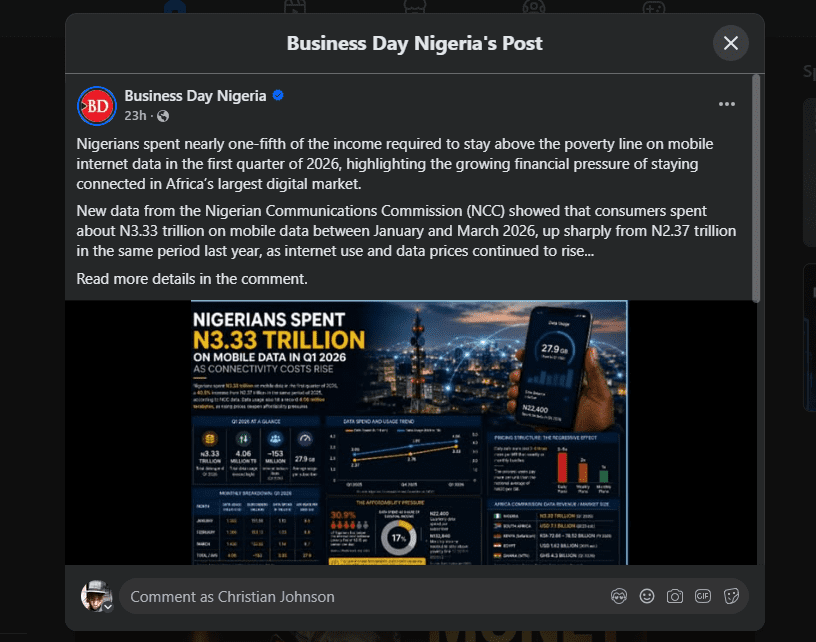 Business Day Nigeria infographic: Nigerians spent ₦3.33 trillion on mobile data in Q1 2026 as connectivity costs rose sharply.