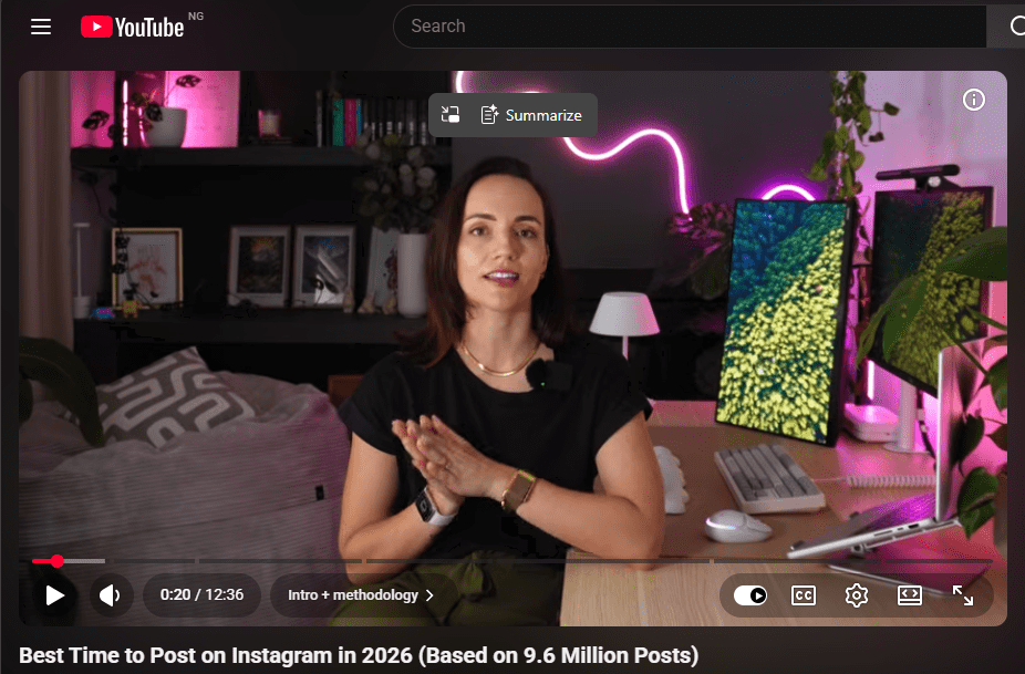 YouTube thumbnail titled "Best Time to Post on Instagram in 2026 (Based on 9.6 Million Posts)" from a video tutorial.