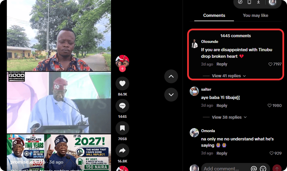 nstagram comment section showing a question: "If you are disappointed with Tinubu drop broken heart 💔" with 7,197 replies and 86.1K likes, plus other political comments about "2027" and "150 Naira".