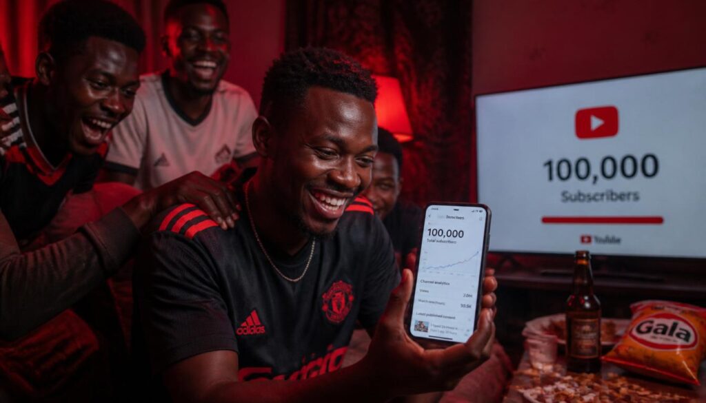 Nigerian creator smiling at rising subscriber count