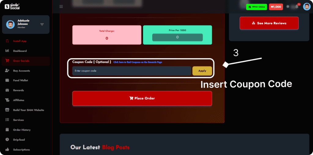 Sizzle Social order form with coupon code field