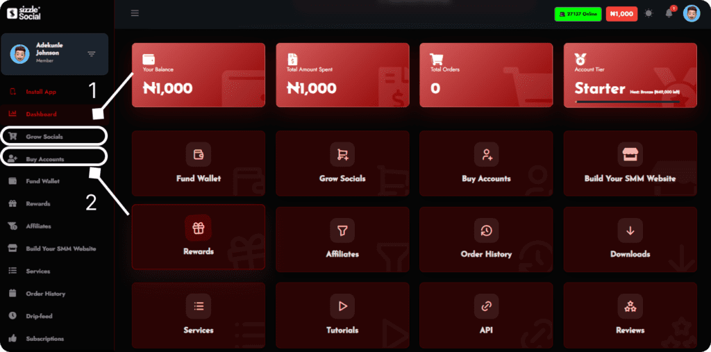 Sizzle Social dashboard with sidebar