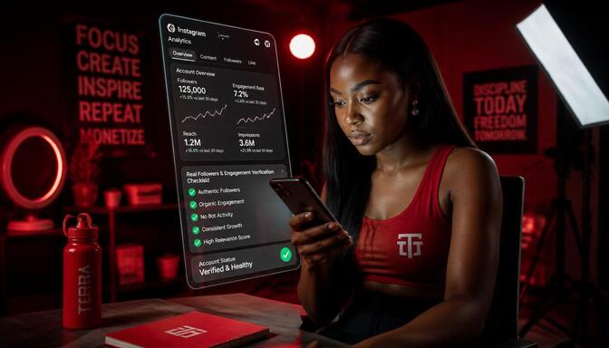 Nigerian influencer checking Instagram analytics on phone