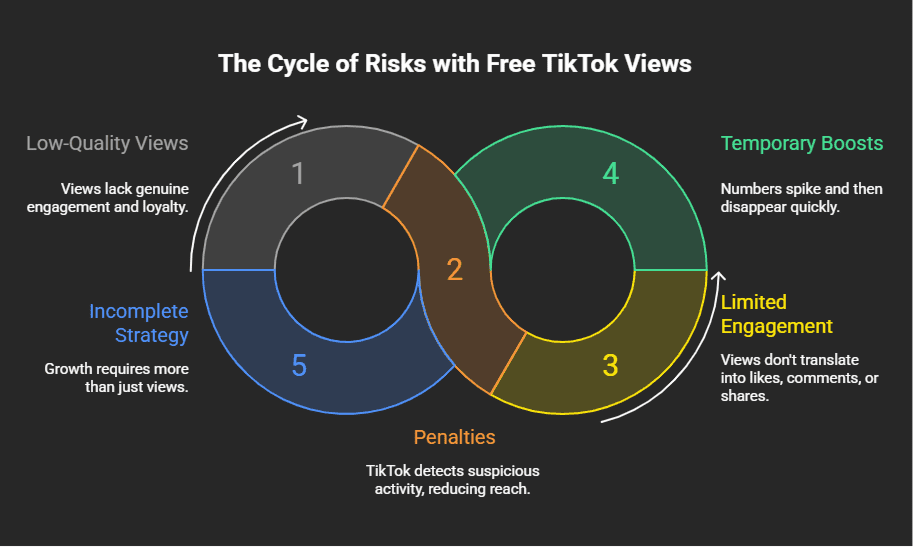 Cycle of risks diagram for free TikTok views: Low‑Quality Views → Limited Engagement → Temporary Boosts → Penalties → Incomplete Strategy, looping back.