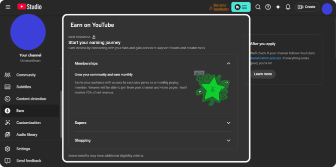 Screenshot of YouTube monetization dashboard