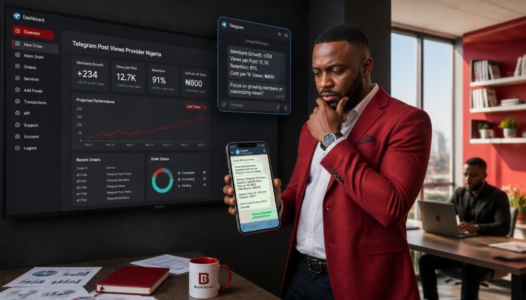 Business owner checking Telegram engagement
