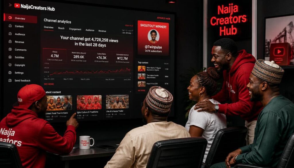 Nigerian creators analyzing analytics and collaborating