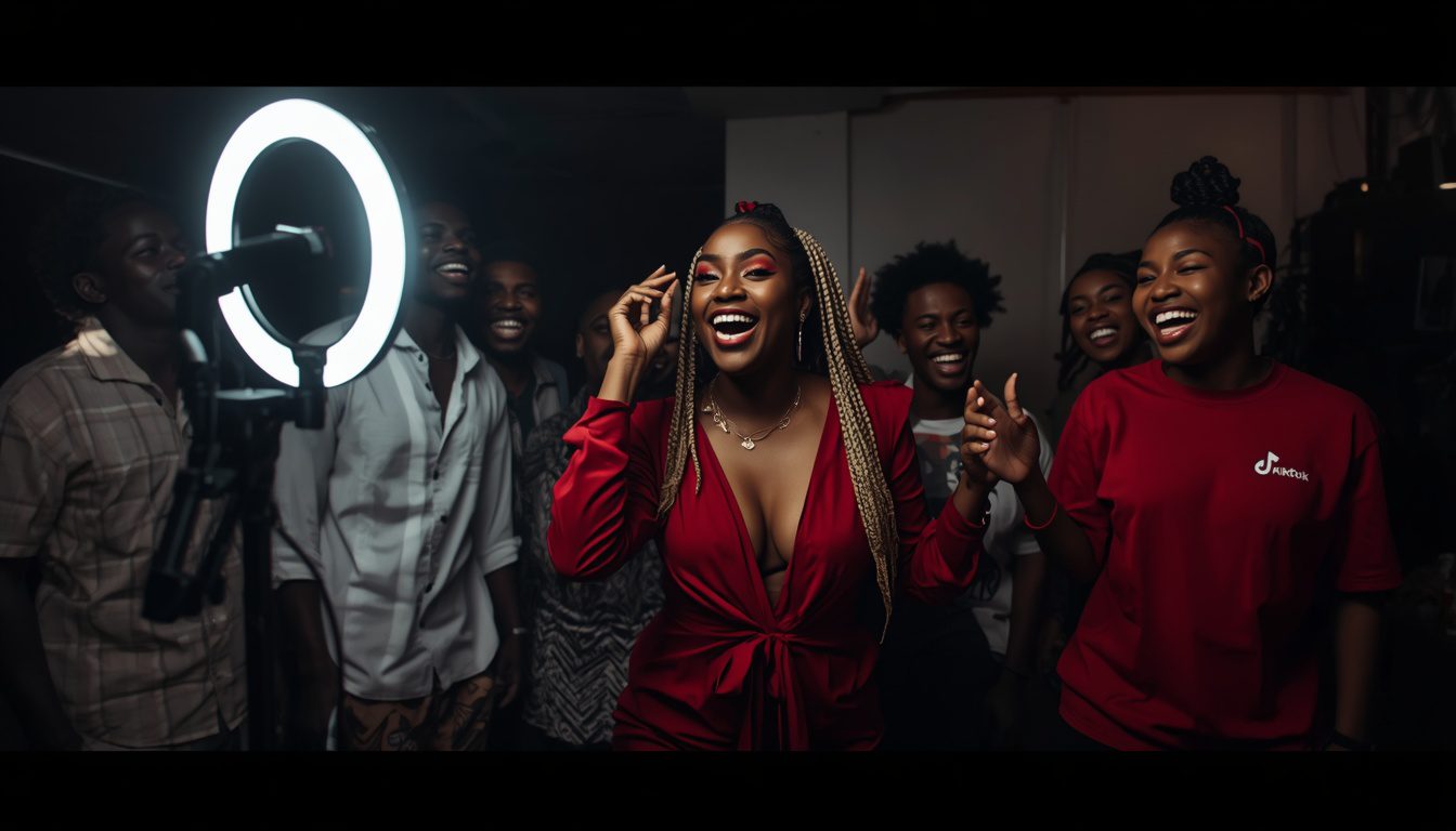 Nigerian TikTok creator recording video with ring light and Afrobeat energy
