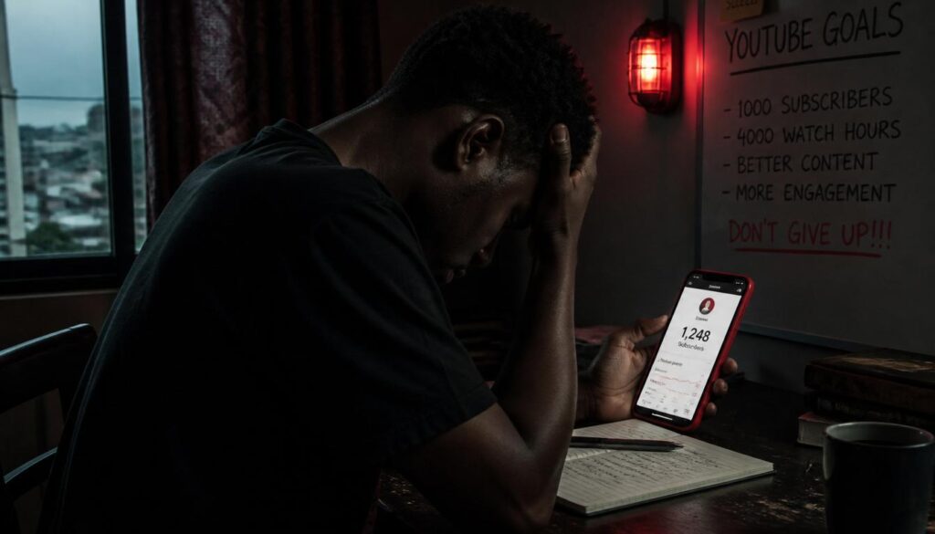 Frustrated Nigerian YouTuber checking slow subscriber count