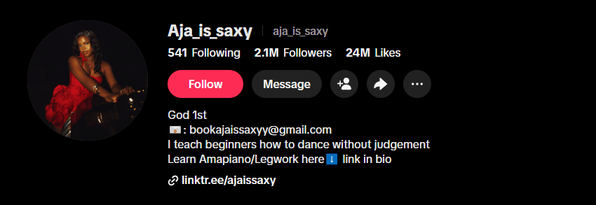 Instagram profile of Aja_is_saxy showing 541 following, 2.1M followers, 24M likes, bio: "God 1st, I teach beginners how to dance without judgement.