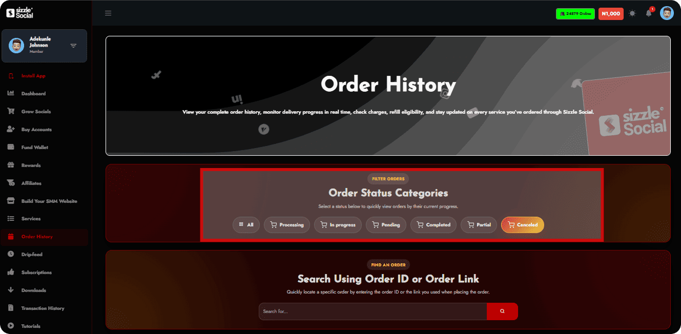 Sizzle Social order History dashboard