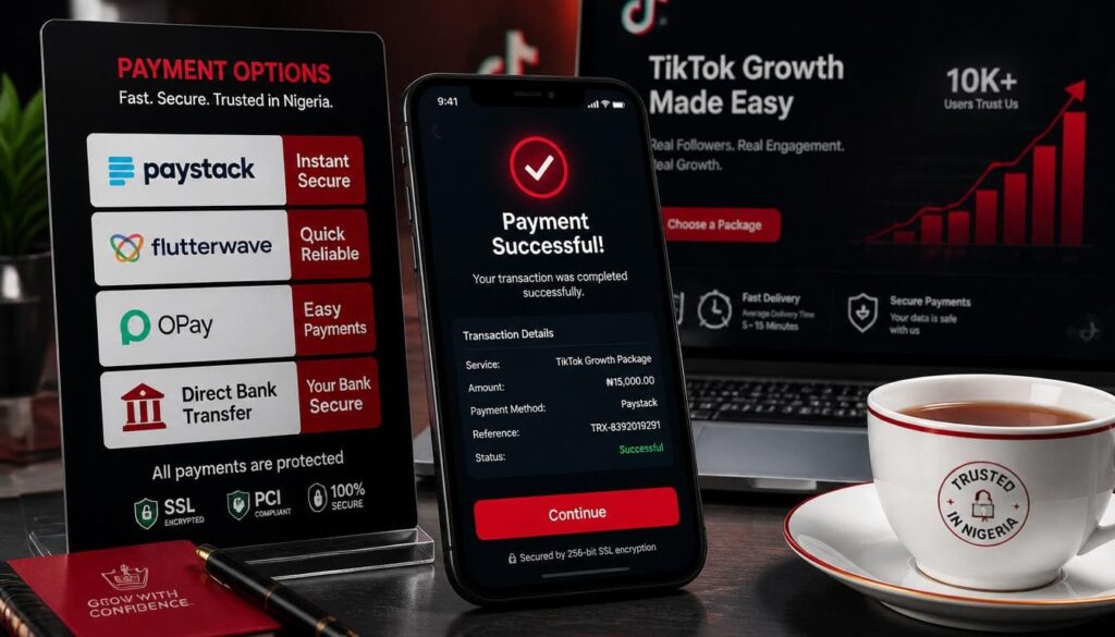 Mobile payment screen showing options: Paystack, Flutterwave, OPay, Direct Bank Transfer, with SSL and PCI compliance badges.