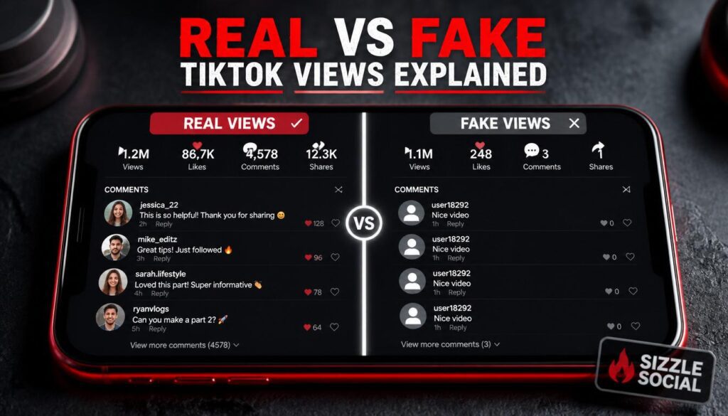 Comparison graphic: Real TikTok Views (1.2M views, 4,578 likes, 12.3K comments, 1.1M shares) with authentic comments like "This is so helpful!