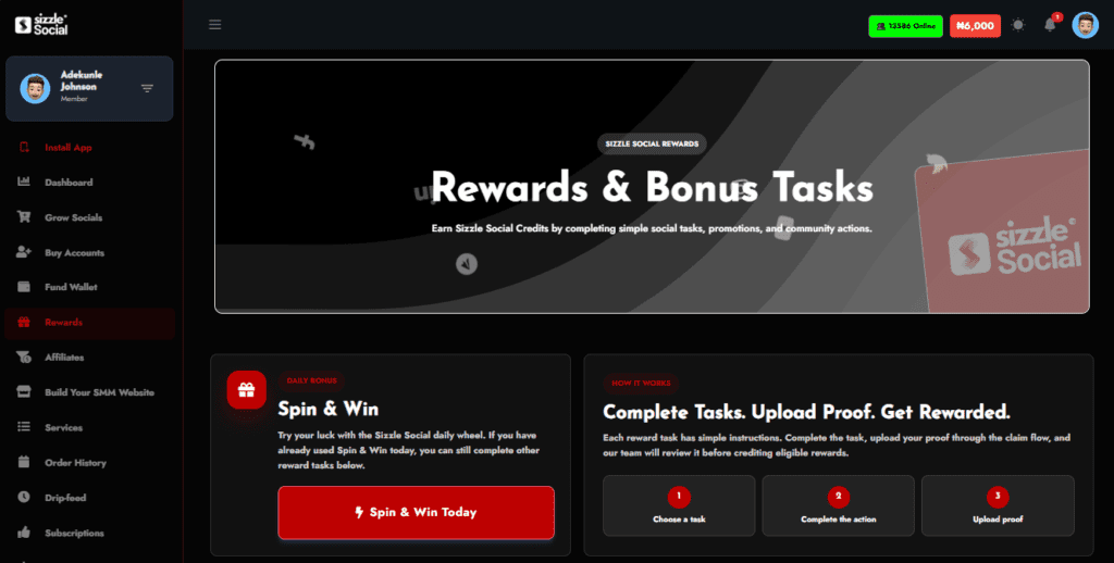 Sizzle Social Rewards dashboard for Adékunle Johnson showing Spin & Win daily wheel