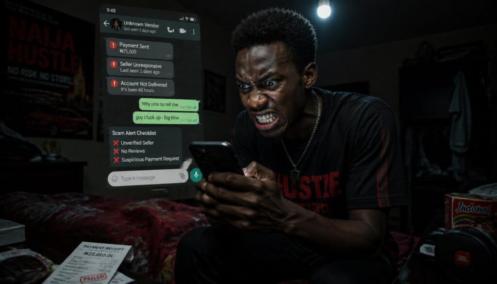 Frustrated Nigerian buyer scammed by fake account seller.
