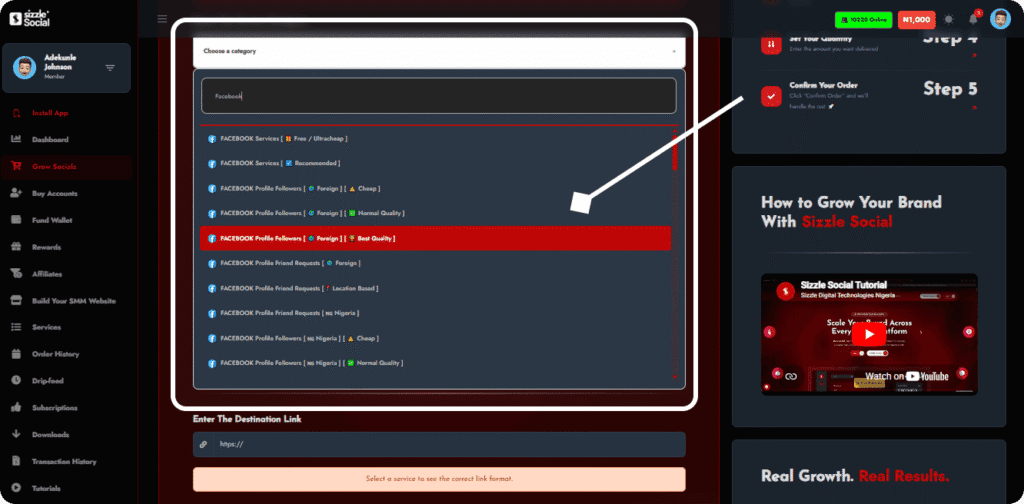 Service selection dashboard.