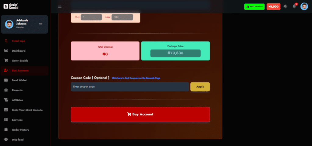 Sizzle Social dashboard Secure payment