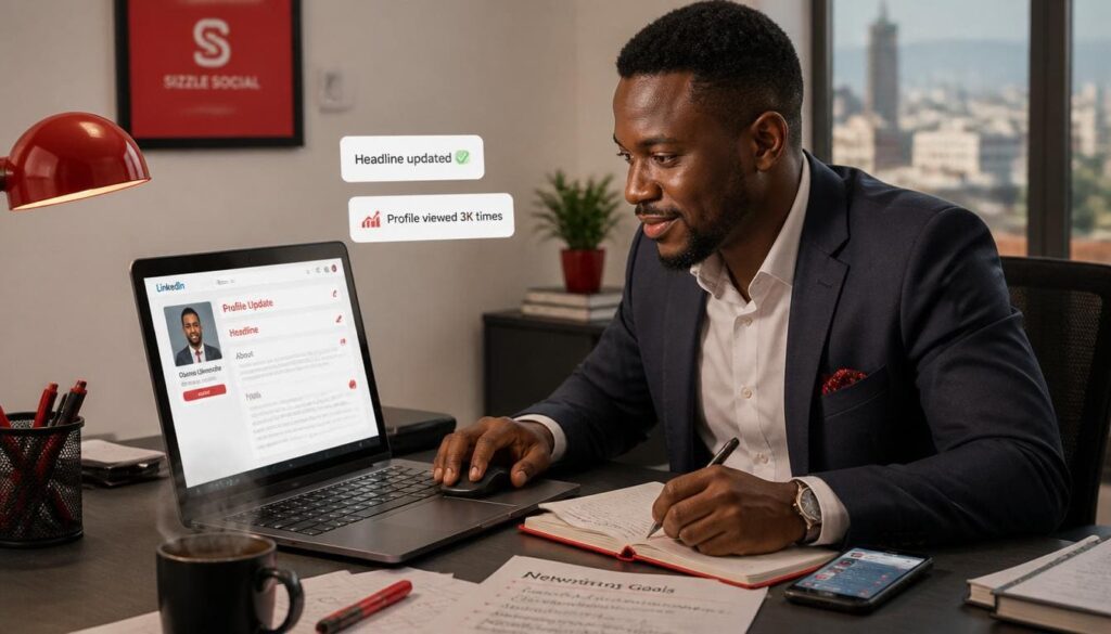 Nigerian professional adjusting LinkedIn profile