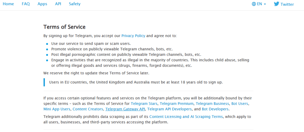 Screenshot of Telegram rules page