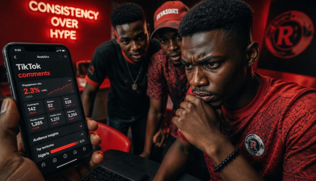 Nigerian TikTok creator checking engagement metrics on phone