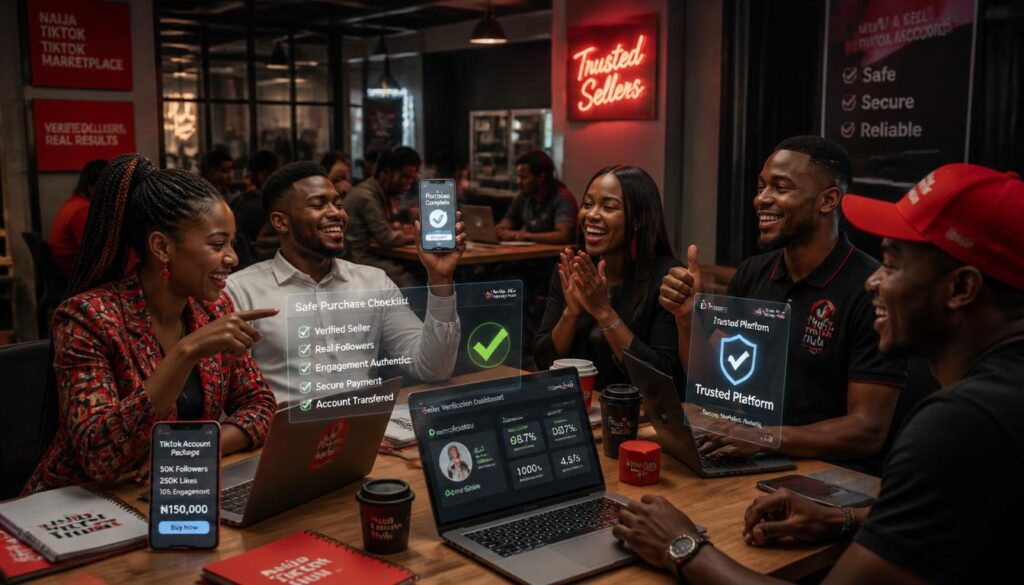 Nigerian youths checking verified TikTok marketplace