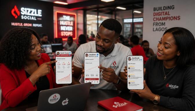 Nigerian youths comparing JaraGram and Accttools marketplaces on phones, highlighting trust and safety