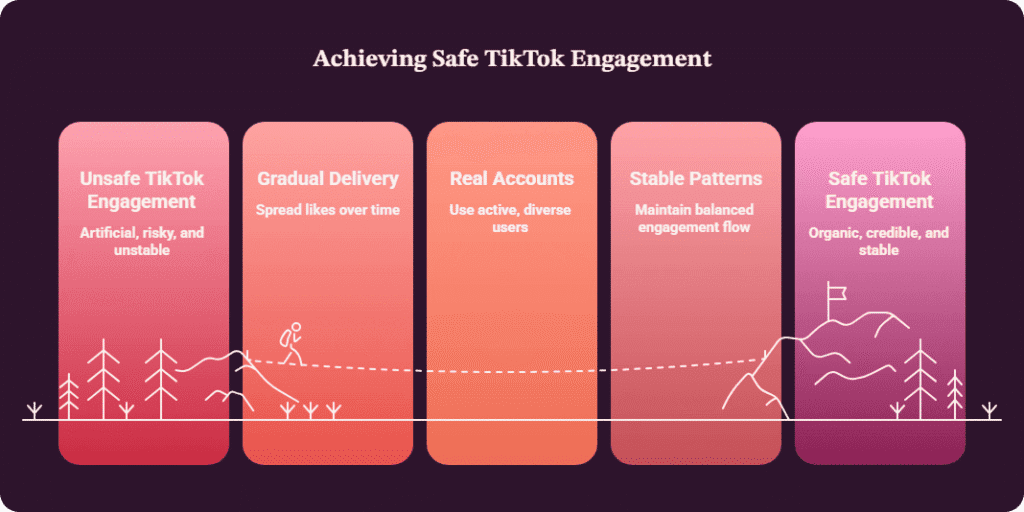 Comparison table: Unsafe TikTok Engagement (artificial, risky, unstable) vs Safe TikTok Engagement (organic, credible, stable) with three safe pillars: Gradual Delivery, Real Accounts, Stable Patterns.