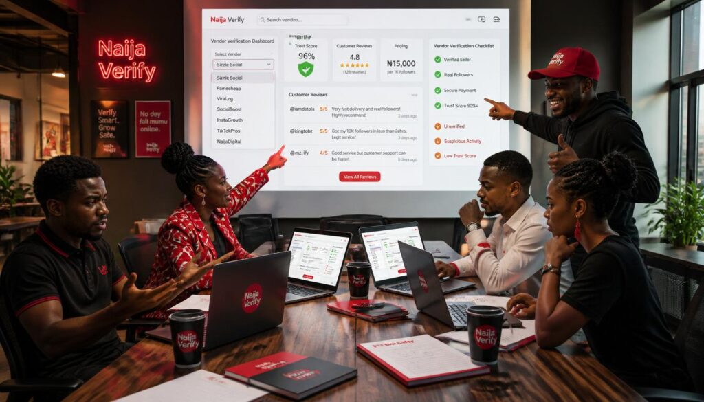 Nigerian team reviewing trusted marketplace