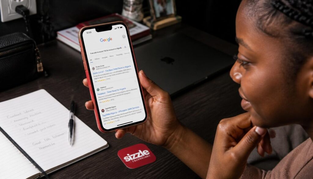 Google search results page for "Free site to boost TikTok success in Nigeria" showing mostly repeated "About" links and no meaningful organic listings – likely a broken or low‑quality interface.