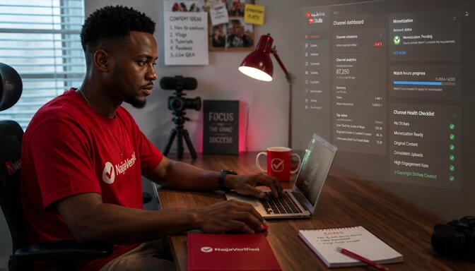Nigerian content creator reviewing YouTube monetization dashboard