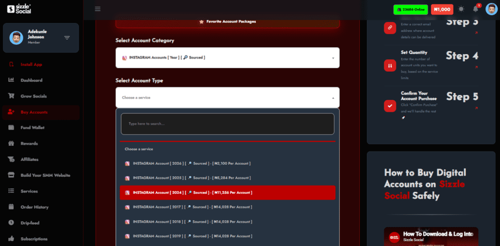 Nigerian entrepreneur selecting account on Sizzle Social Dashboard,