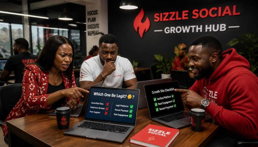 Nigerians comparing Facebook growth sites on laptops