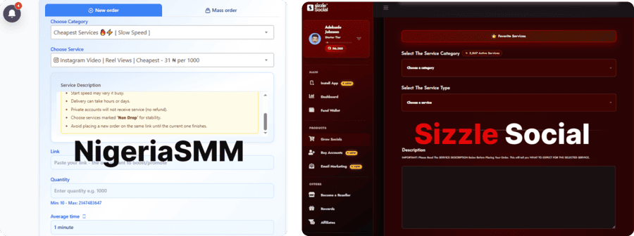 Sizzle Social Vs NigeriaSMM Panel Dashboard screenshot