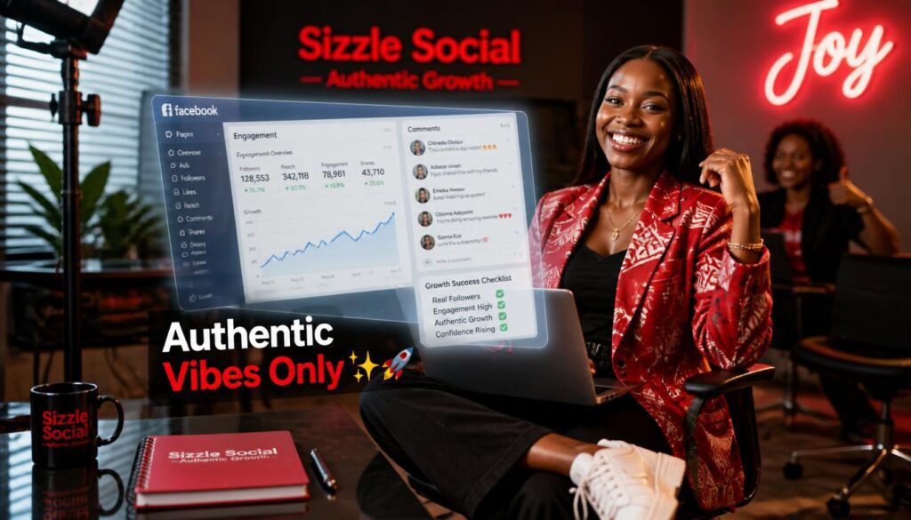 Nigerian influencer checking Facebook engagement on phone