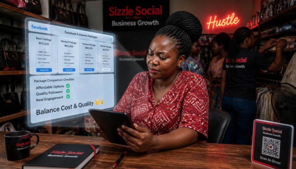 Nigerian small business owner reviewing Facebook follower packages