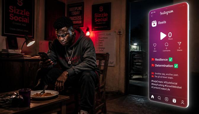 Young Nigerian creator looking stressed at phone, wondering why Reels views dropped