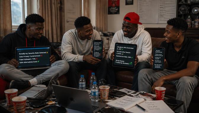 Nigerian students in a hostel lounge discussing growth platforms