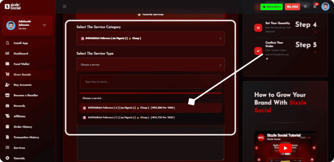 Dropdown menu of services